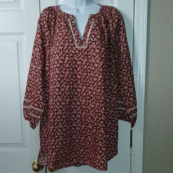 Lands' End rust copper white floral print tunic blouse Sz 1X (16x-w-18w) NWOT - Picture 1 of 8